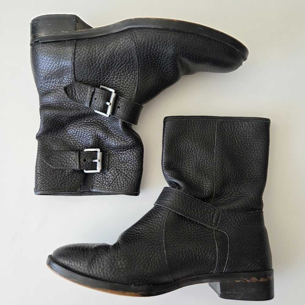 J. Crew Womens 6.5 Pebbled Black Leather Moto Biker Boots‎ Buckled Almond Toe